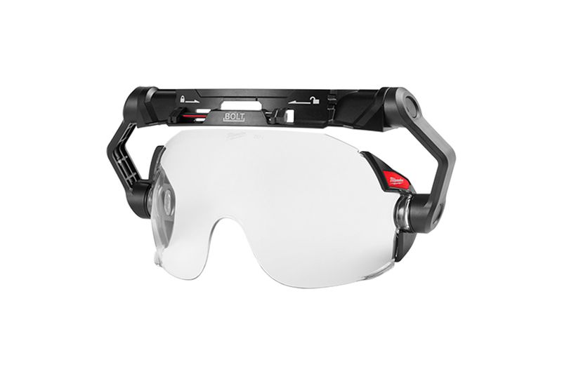 Visor transparente para casco Milwaukee, vista frontal del protector ocular con soporte negro y logo Bolt