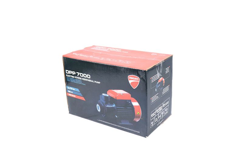 Electrobomba periférica 110/127 V, 60 Hz, 3/4 HP, cobre Ducati, en su caja de cartón negra con ilustración del equipo