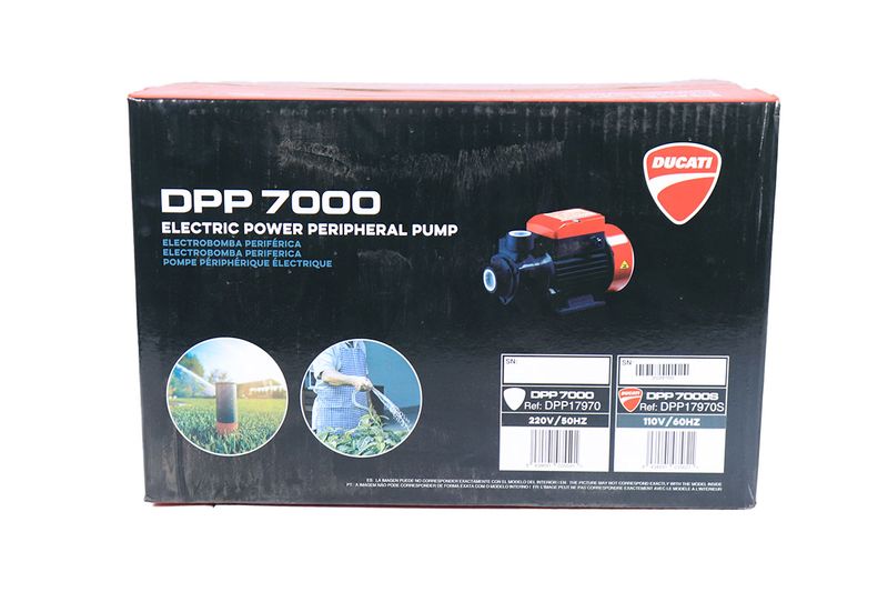 Electrobomba periférica 110/127 V 60 Hz 3/4 HP cobre Ducati, en su caja con ilustración del equipo y aplicaciones