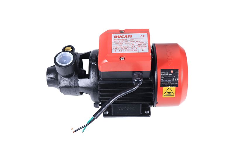 Electrobomba periférica 110/127 V 60 Hz 3/4 HP cobre Ducati, vista lateral con cables eléctricos expuestos