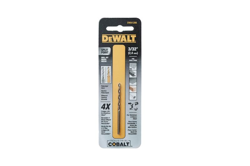 Broca de cobalto DeWALT de 3/32 para metal, en su empaque plástico con cartón amarillo y negro