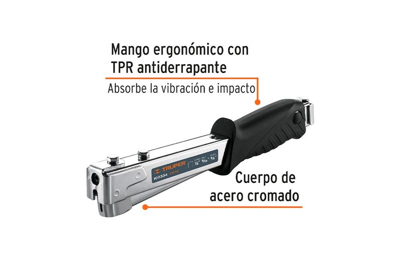 Engrapadora tipo martillo uso rudo EM-50 1/4"-3/8" Truper, detalle del mango ergonómico negro y cuerpo de acero cromado