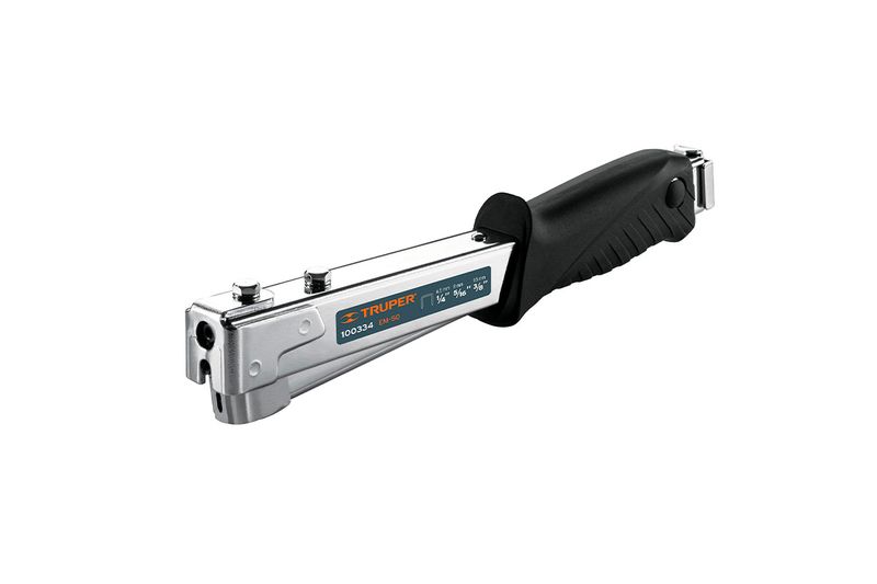 Engrapadora tipo martillo uso rudo EM-50 de 1/4"-3/8" Truper, vista lateral con cuerpo metálico y mango negro