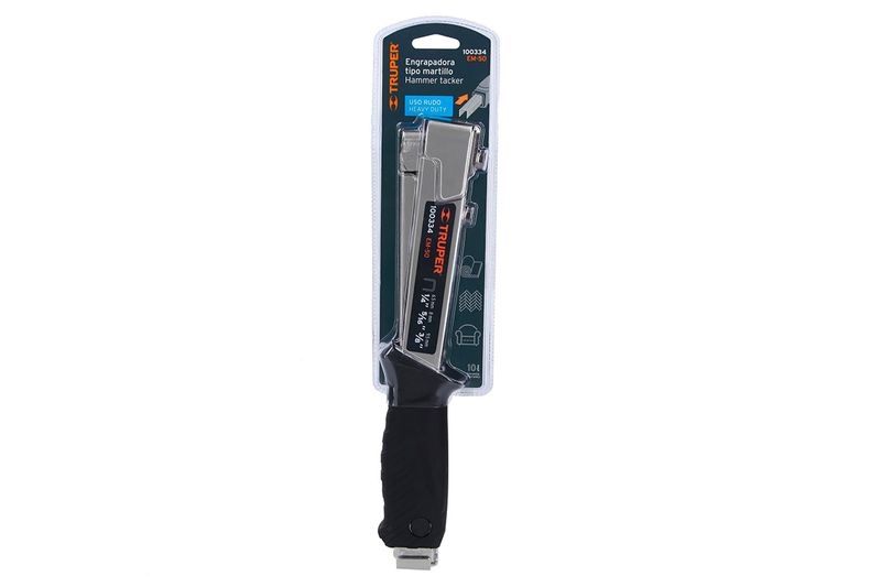 Engrapadora tipo martillo uso rudo EM-50 1/4"-3/8" Truper, vista frontal en su empaque plástico con soporte naranja