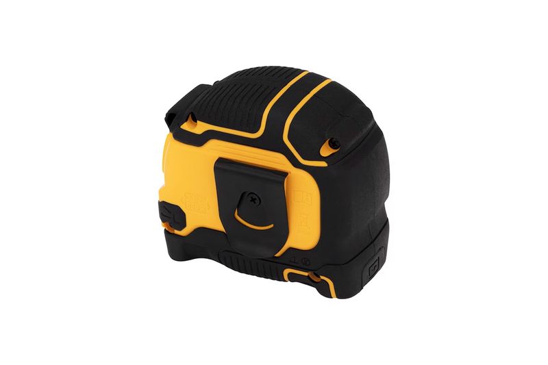 Cinta métrica ToughSeries 8 m / 26 ft con luz LED DeWALT, vista lateral del cuerpo amarillo y negro con clip negro