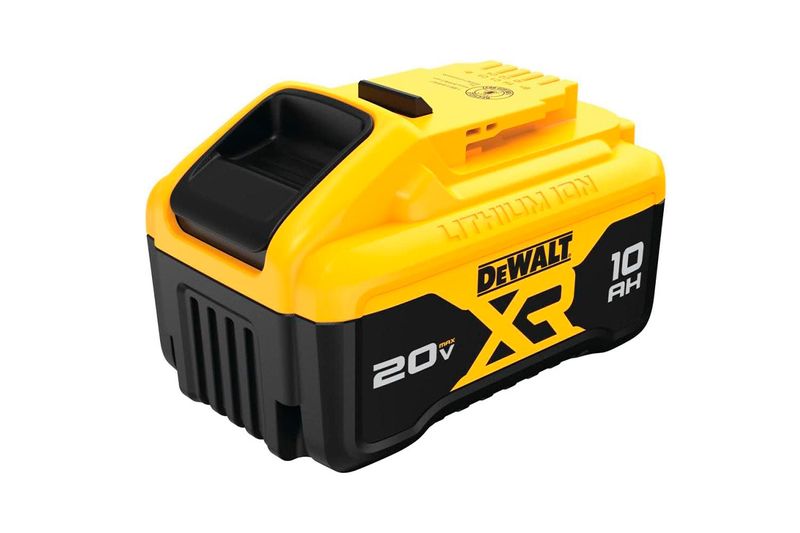 Batería XR Lithium de 20 V y 10 Ah DeWalt, vista en ángulo desde arriba resaltando la parte superior amarilla