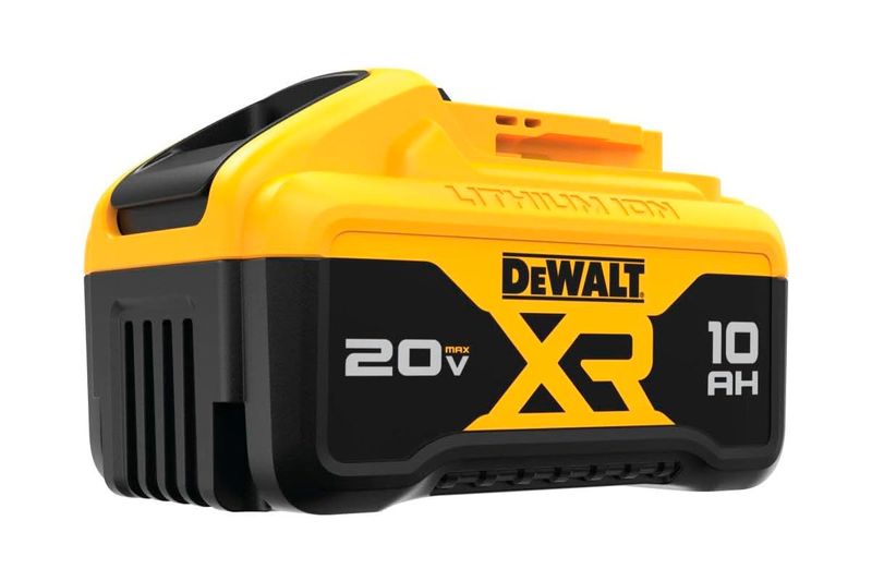 Batería XR Lithium DeWALT de 20 V y 10 Ah, vista frontal en color amarillo y negro