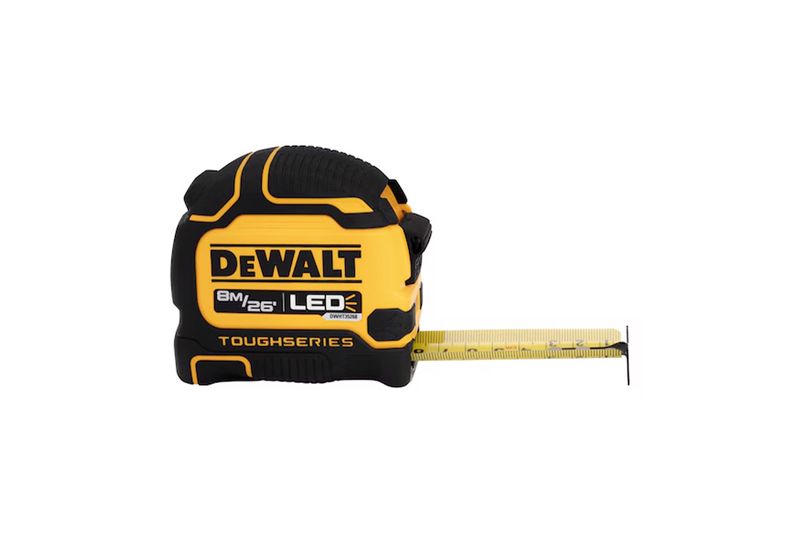 Cinta métrica ToughSeries 8 m / 26 ft con luz LED DeWALT, vista frontal con la cinta amarilla parcialmente extendida