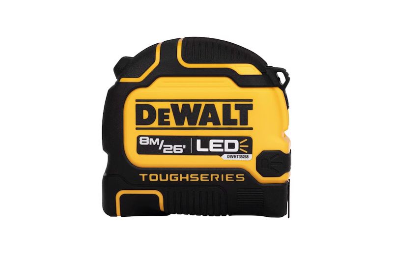 Cinta métrica ToughSeries 8 m / 26 ft con luz LED DeWALT, vista frontal del cuerpo amarillo y negro