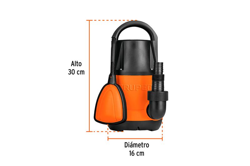 Bomba sumergible para agua limpia de 1/2 HP y 110V Truper, gráfico con medidas de alto 30 cm y diámetro 16 cm