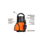 Bomba sumergible para agua limpia 1/2 HP 110V Truper, esquema con flechas que señalan el asa, flotador y adaptador