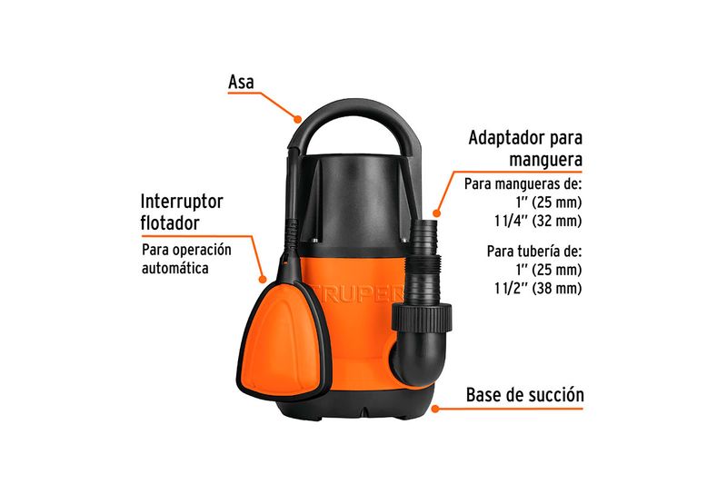 Bomba sumergible para agua limpia 1/2 HP 110V Truper, esquema con flechas que señalan el asa, flotador y adaptador