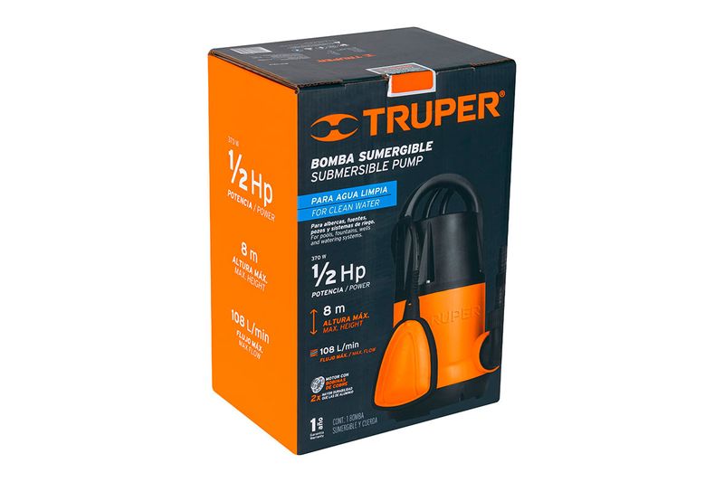 Bomba sumergible para agua limpia de 1/2 HP y 110V Truper, vista frontal de la caja con especificaciones técnicas