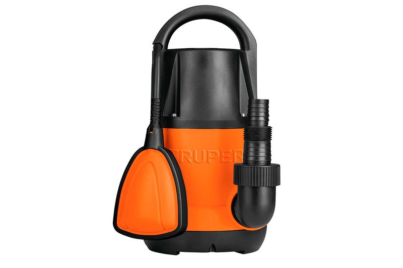 Bomba sumergible para agua limpia Truper de 1/2 HP y 110V, vista frontal en colores naranja y negro con asa superior