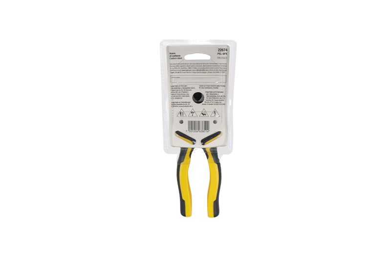 Alicate para electricista Pretul de 8 pulgadas, vista trasera del empaque con códigos de barras e información técnica