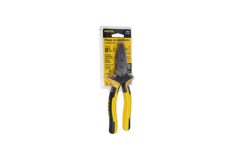 Alicate para electricista Pretul de 8 pulgadas, presentado en su empaque comercial con tarjeta informativa