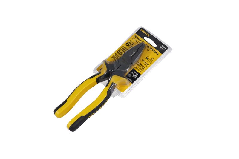 Alicate para electricista Pretul de 8 pulgadas, presentado en su empaque plástico con tarjeta amarilla y negra