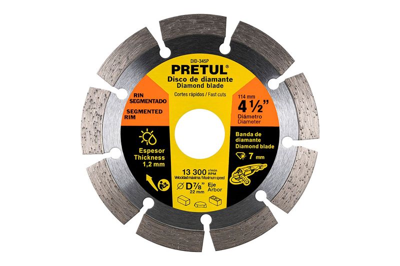 Disco diamante Pretul de 4-1/2 pulgadas segmentado para corte en seco o húmedo, vista frontal del disco plateado y amarillo