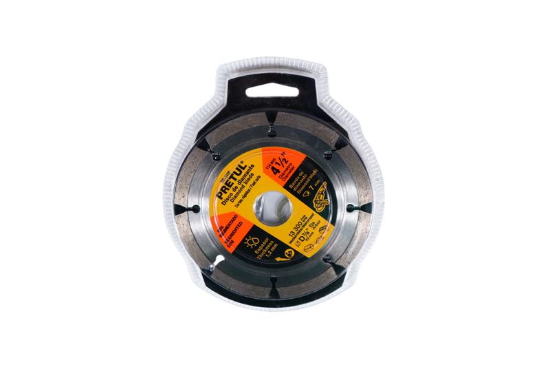 Disco diamante Pretul de 4-1/2 pulgadas segmentado para corte en seco o húmedo, vista frontal en su empaque plástico