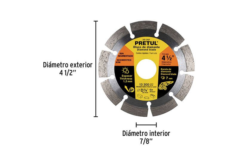 Disco diamante Pretul de 4-1/2 pulgadas segmentado para corte en seco o húmedo, gráfico con medidas de diámetro