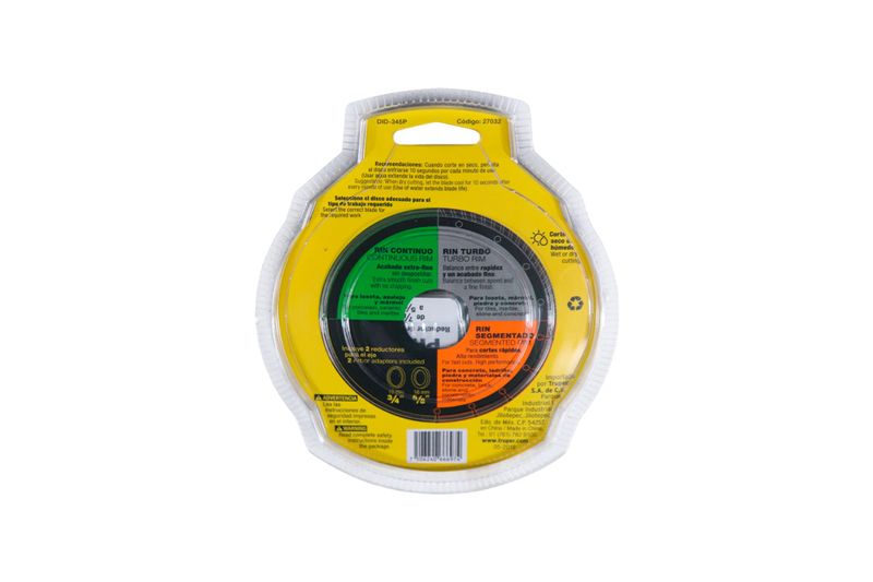 Disco diamante Pretul de 4-1/2 pulgadas segmentado para corte en seco y húmedo, vista posterior del empaque con instrucciones
