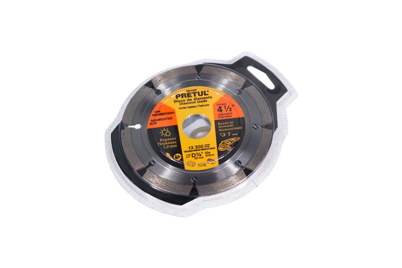 Disco diamante Pretul de 4-1/2 pulgadas segmentado para corte en seco o húmedo, visto de frente en su empaque plástico