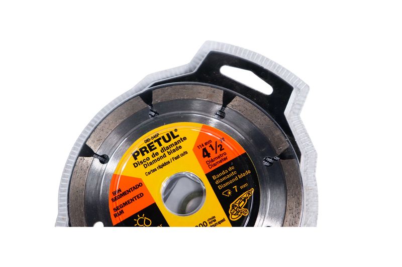 Disco diamante Pretul de 4-1/2 pulgadas segmentado para corte en seco o húmedo, detalle del centro y etiqueta