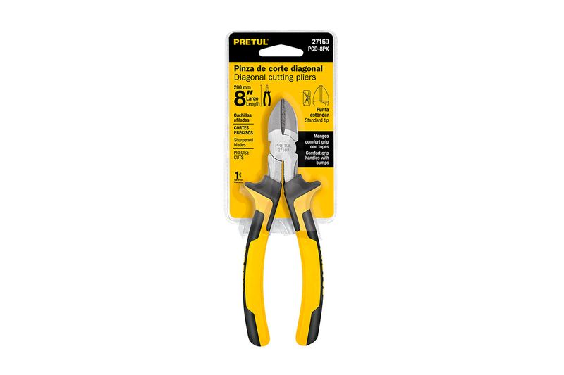 Alicate corte diagonal Pretul de 8 pulgadas, en su empaque blanco y amarillo con detalles técnicos