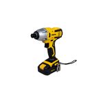 Atornillador de impacto inalámbrico Pretul de 1/4 pulgada y 20V, vista lateral del equipo en colores amarillo y negro