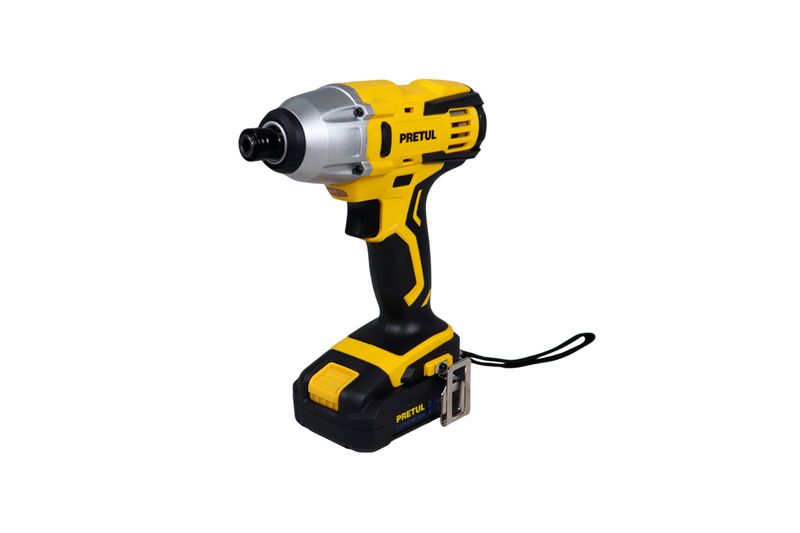 Atornillador de impacto inalámbrico Pretul de 1/4 pulgada y 20V, vista lateral del equipo en colores amarillo y negro