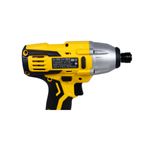 Atornillador de impacto inalámbrico Pretul de 1/4 pulgada y 20V, vista lateral de la etiqueta técnica en el cuerpo amarillo