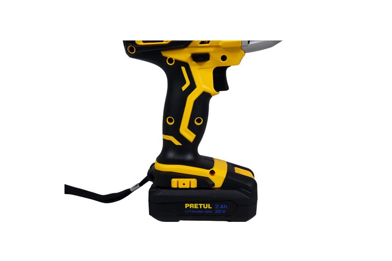 Atornillador de impacto inalámbrico Pretul de 1/4 pulgada y 20V, vista lateral del mango y la batería instalada