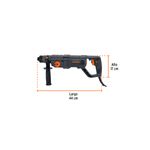 Rotomartillo eléctrico SDS Plus Truper de 3.5 julios y 800W industrial, gráfico con medidas de largo 44 cm y alto 17 cm