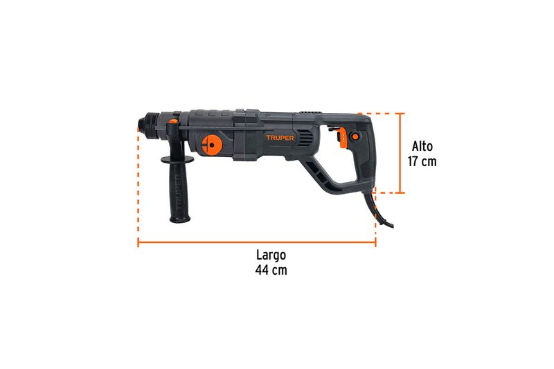 Rotomartillo eléctrico SDS Plus Truper de 3.5 julios y 800W industrial, gráfico con medidas de largo 44 cm y alto 17 cm