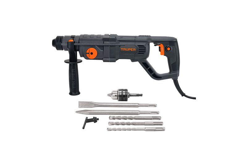 Rotomartillo eléctrico SDS Plus Truper de 3.5 joules y 800W industrial, cuerpo negro con detalles naranjas y kit de brocas