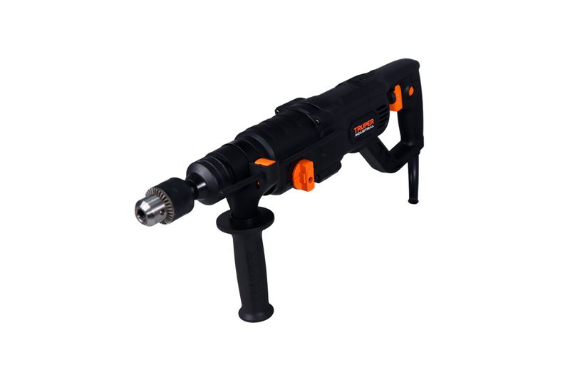 Rotomartillo eléctrico SDS Plus Truper de 3.5 joules y 800W industrial, vista lateral completa en color negro y naranja