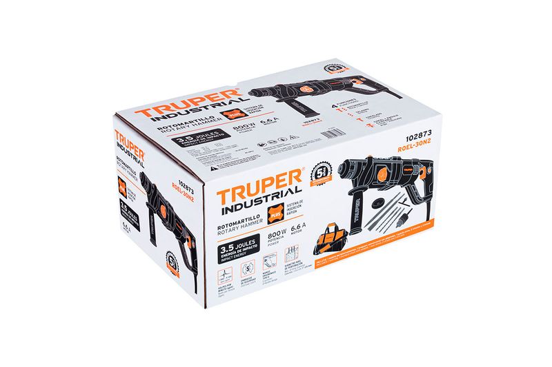 Rotomartillo eléctrico SDS Plus Truper de 3.5 julios y 800W industrial, vista frontal y lateral de su caja de empaque