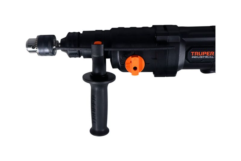 Rotomartillo eléctrico SDS Plus Truper de 3.5 joules y 800W industrial, vista lateral del cuerpo y mango auxiliar