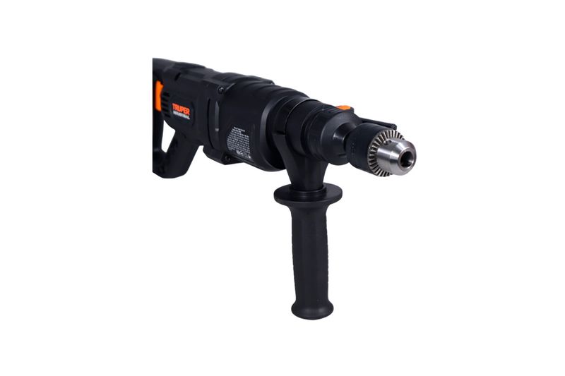 Rotomartillo eléctrico SDS Plus Truper de 3.5 julios, 800 W industrial, primer plano del mandril y mango lateral