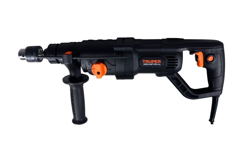 Rotomartillo eléctrico SDS Plus Truper de 3.5 joules y 800W industrial, vista lateral completa en color negro y naranja