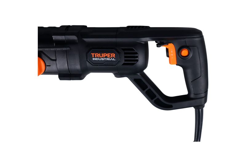 Rotomartillo eléctrico SDS Plus Truper de 3.5 joules y 800 W industrial, primer plano del mango y gatillo color naranja