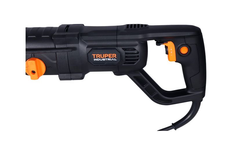 Rotomartillo eléctrico SDS Plus Truper de 3.5 julios y 800W industrial, vista lateral del cuerpo negro y detalles naranjas