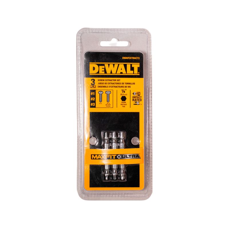 Set extractores de tornillos 1/4 pulgadas 3 piezas DeWALT, en empaque plástico transparente con inserto amarillo y negro
