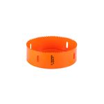 Sierra copa bimetálicos 6 pulgadas Truper, vista en perspectiva del anillo de corte color naranja con dientes afilados