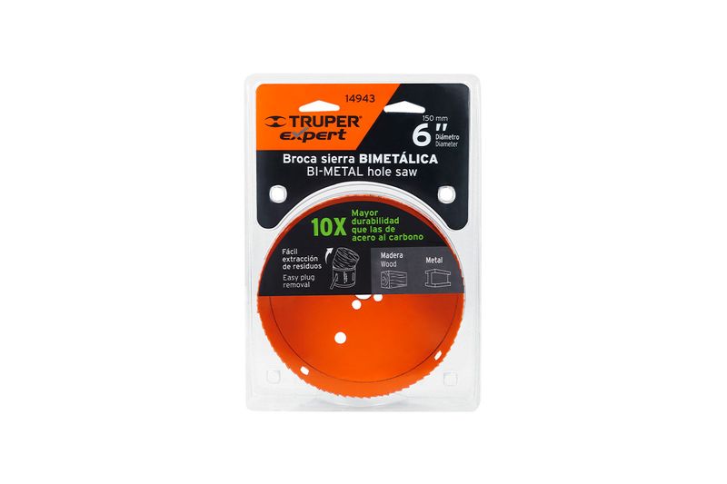 Sierra copa bimetálicos 6 Truper, en empaque plástico transparente con tarjeta informativa naranja y negra