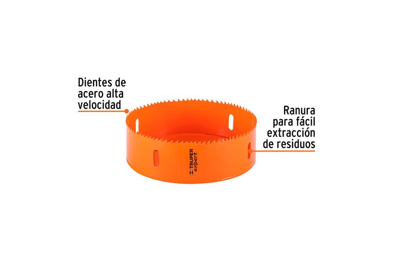 Sierra copa bimetálicos 6 pulgadas Truper, gráfico detallando los dientes de acero y la ranura de extracción de residuos
