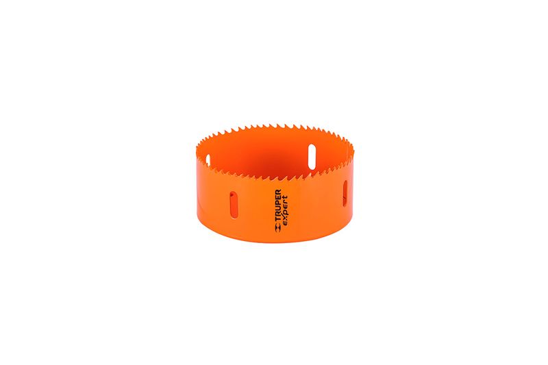 Sierra copa bimetálicos de 4-1/2 pulgadas Truper, cuerpo cilíndrico color naranja con dientes de corte y marca Expert