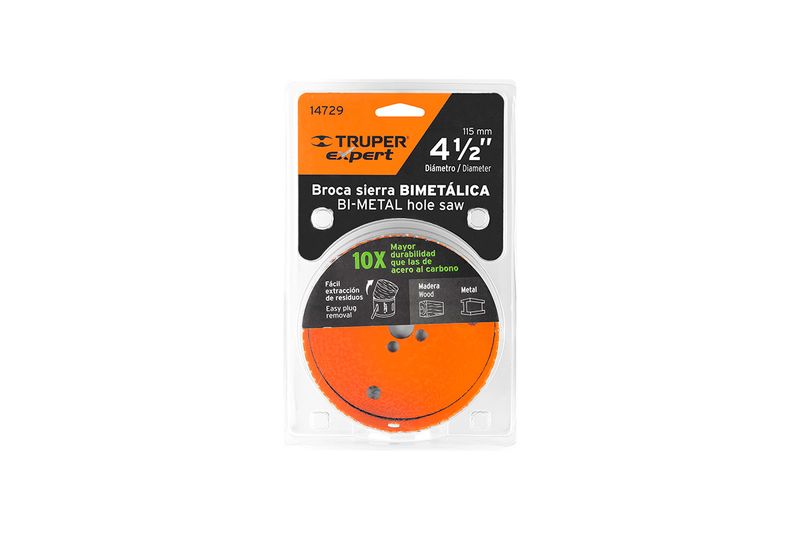 Sierra copa bimetálicos 4-1/2 Truper, en su empaque plástico transparente con tarjeta informativa naranja y negra