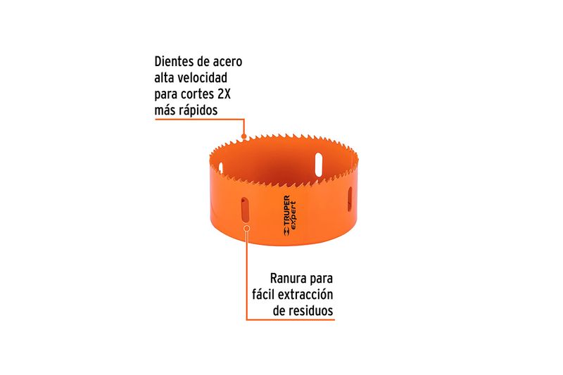 Sierra copa bimetálicos 4-1/2 Truper, gráfico con líneas indicadoras de los dientes de acero y ranura de extracción