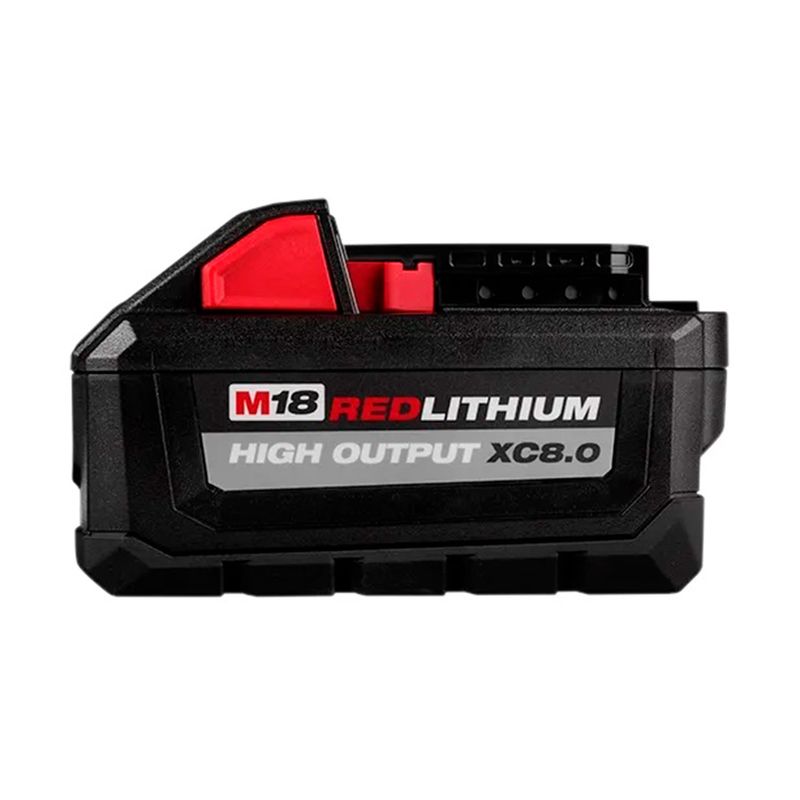 Juego cargador M12 y M18 con batería 8 amp Milwaukee, primer plano de la batería M18 RedLithium High Output XC8.0